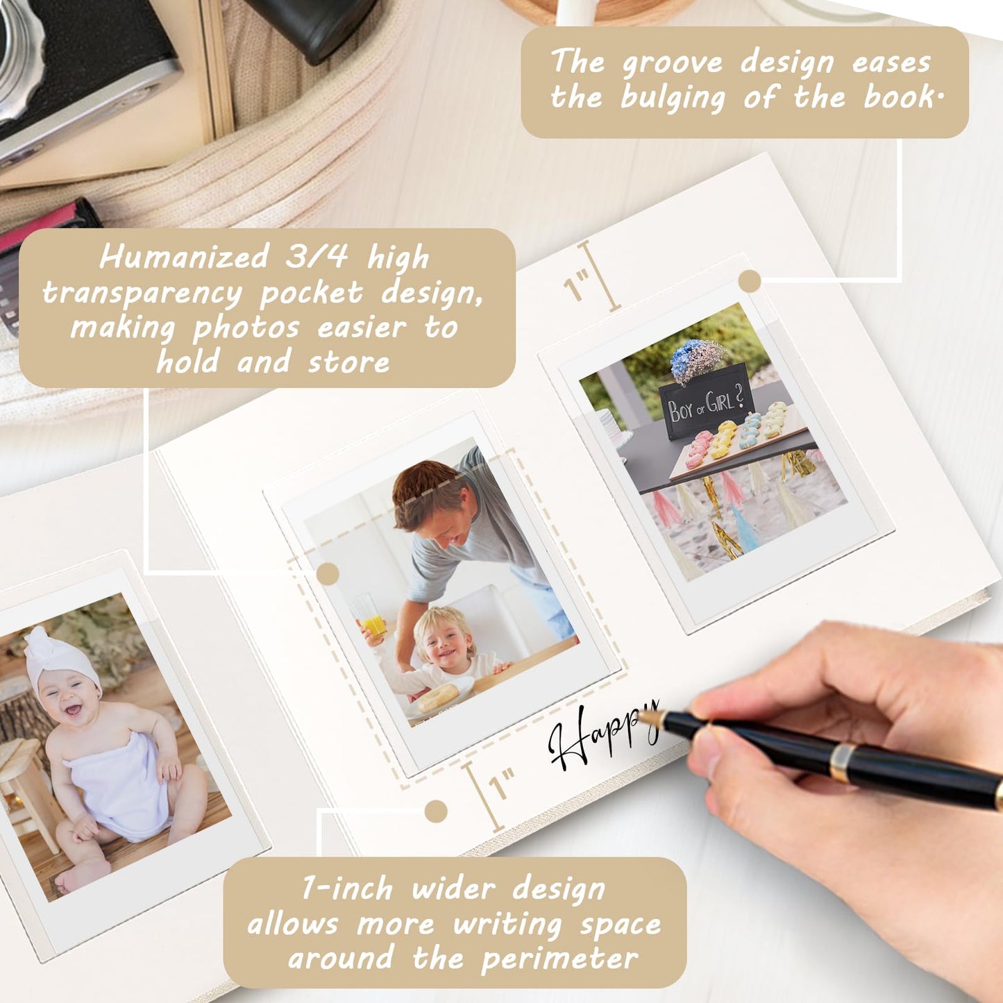 KUWORD | 52 Pockets 3 Inch Instax Mini Photo Album with Writing Space - For Fujifilm, Polaroid, Kpop Cards (Beige)