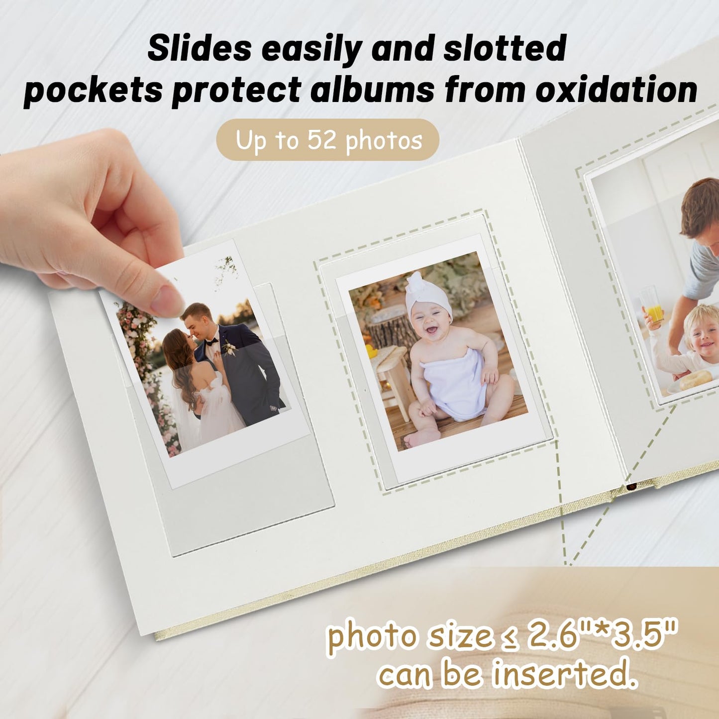 KUWORD | 52 Pockets 3 Inch Instax Mini Photo Album with Writing Space - For Fujifilm, Polaroid, Kpop Cards (Beige)