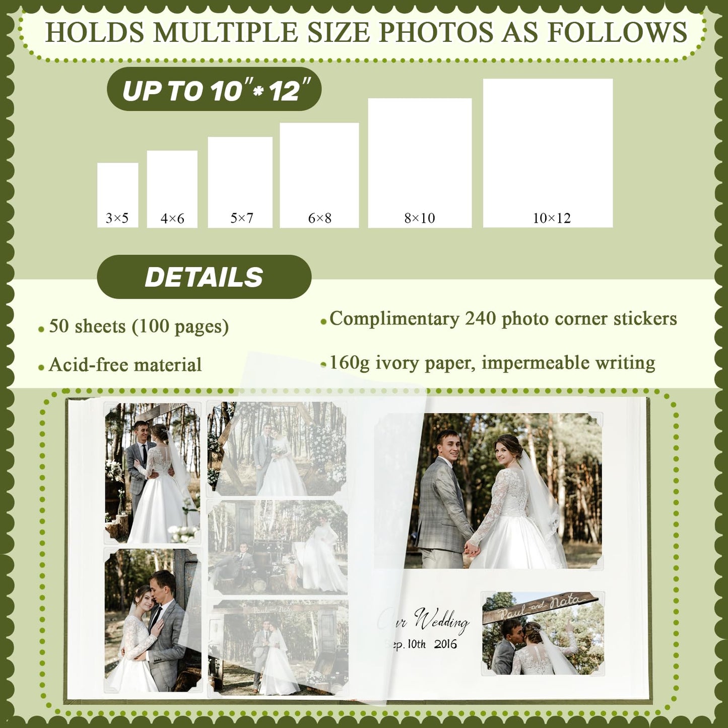 Álbum de fotos grande con espacio para escribir, 100 páginas, bricolaje para fotos de 3x5, 4x6, 5x7, 8x10, álbum de recortes de rosas, boda, bebé, libro de recuerdos, familia, viajes, oliva.