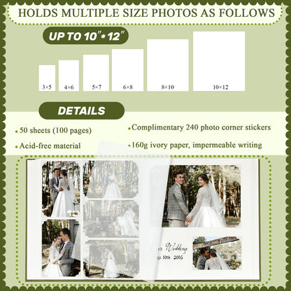 Álbum de fotos grande con espacio para escribir, 100 páginas, bricolaje para fotos de 3x5, 4x6, 5x7, 8x10, álbum de recortes de rosas, boda, bebé, libro de recuerdos, familia, viajes, oliva.