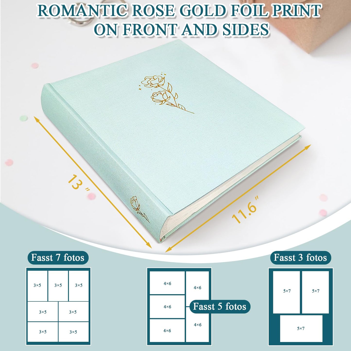 Álbum de fotos grande Rose Scrapbook con espacio para escribir, 100 páginas, álbum de fotos DIY para fotos de 3x5, 4x6, 5x7, 8x10, libro de recuerdos para bodas, bebés, familias, viajes, azul