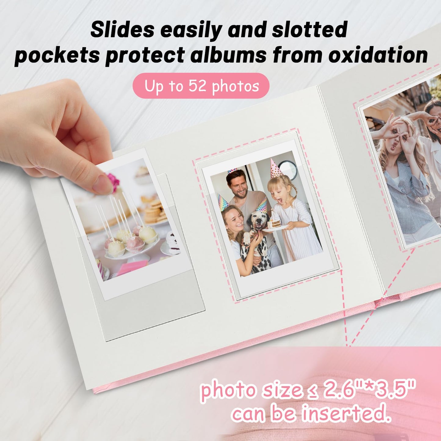 Mini álbum de fotos de tapa dura de 3 pulgadas, 52 bolsillos con espacio extra ancho para escribir para Fujifilm Instax Mini, Evo Liplay Instant Camera, cámara digital, HP Sprocket, tarjetas de fotos K-pop (rosa)