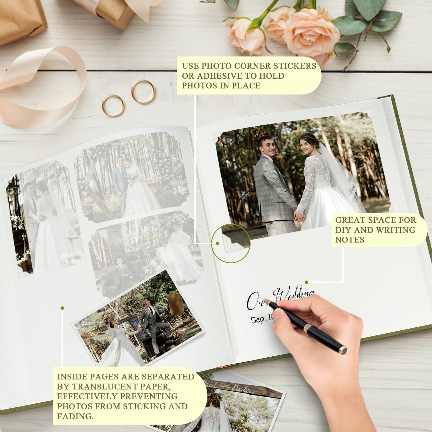 Álbum de fotos grande con espacio para escribir, 100 páginas, bricolaje para fotos de 3x5, 4x6, 5x7, 8x10, álbum de recortes de rosas, boda, bebé, libro de recuerdos, familia, viajes, oliva.