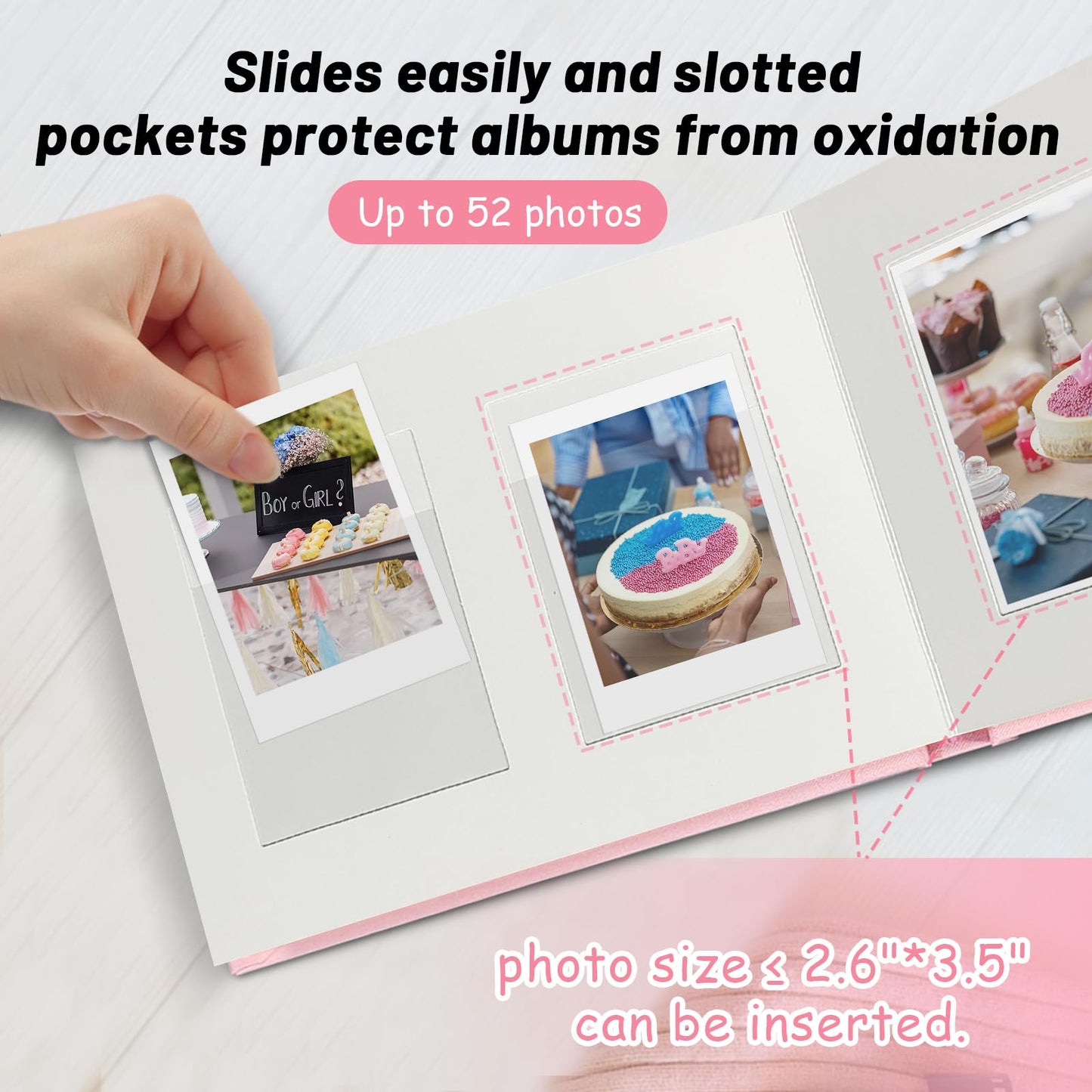 Mini álbum de fotos de tapa dura de 3 pulgadas, 52 bolsillos con espacio de escritura extra ancho para Fujifilm Instax Mini, cámara instantánea Evo Liplay, cámara digital, HP Sprocket, tarjetas fotográficas K-pop (rosa)