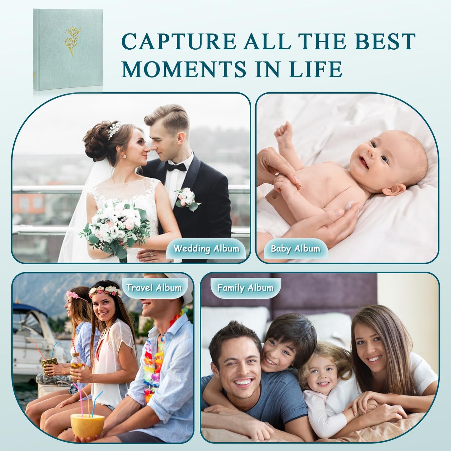 Álbum de fotos grande Rose Scrapbook con espacio para escribir, 100 páginas, álbum de fotos DIY para fotos de 3x5, 4x6, 5x7, 8x10, libro de recuerdos para bodas, bebés, familias, viajes, azul