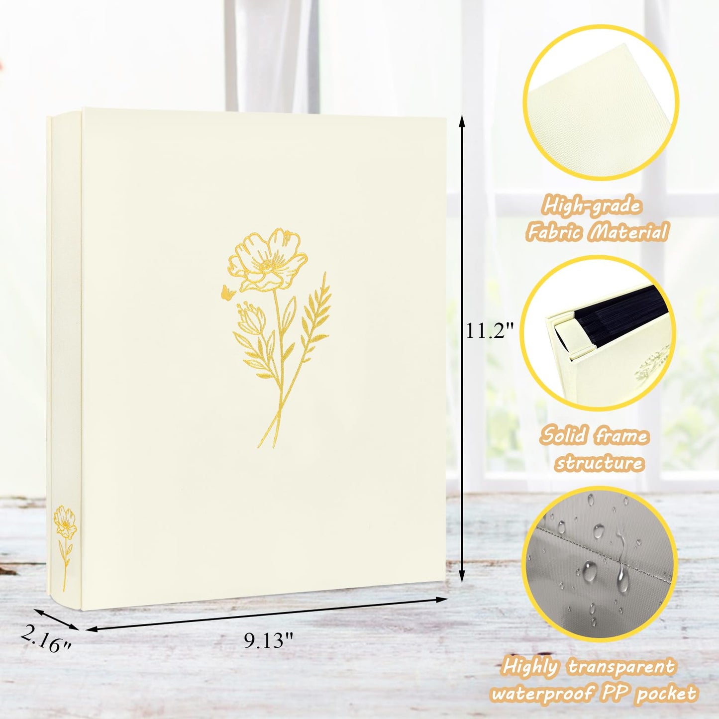KUWORD | 5x7 Photo Album - Holds 200 Photos, Elegant Linen Fabric Cover with Gold Foil (Beige)