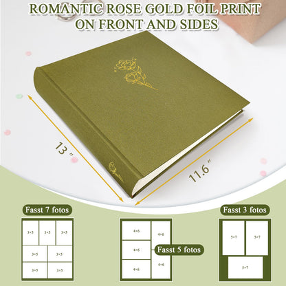 Álbum de fotos grande con espacio para escribir, 100 páginas, bricolaje para fotos de 3x5, 4x6, 5x7, 8x10, álbum de recortes de rosas, boda, bebé, libro de recuerdos, familia, viajes, oliva.