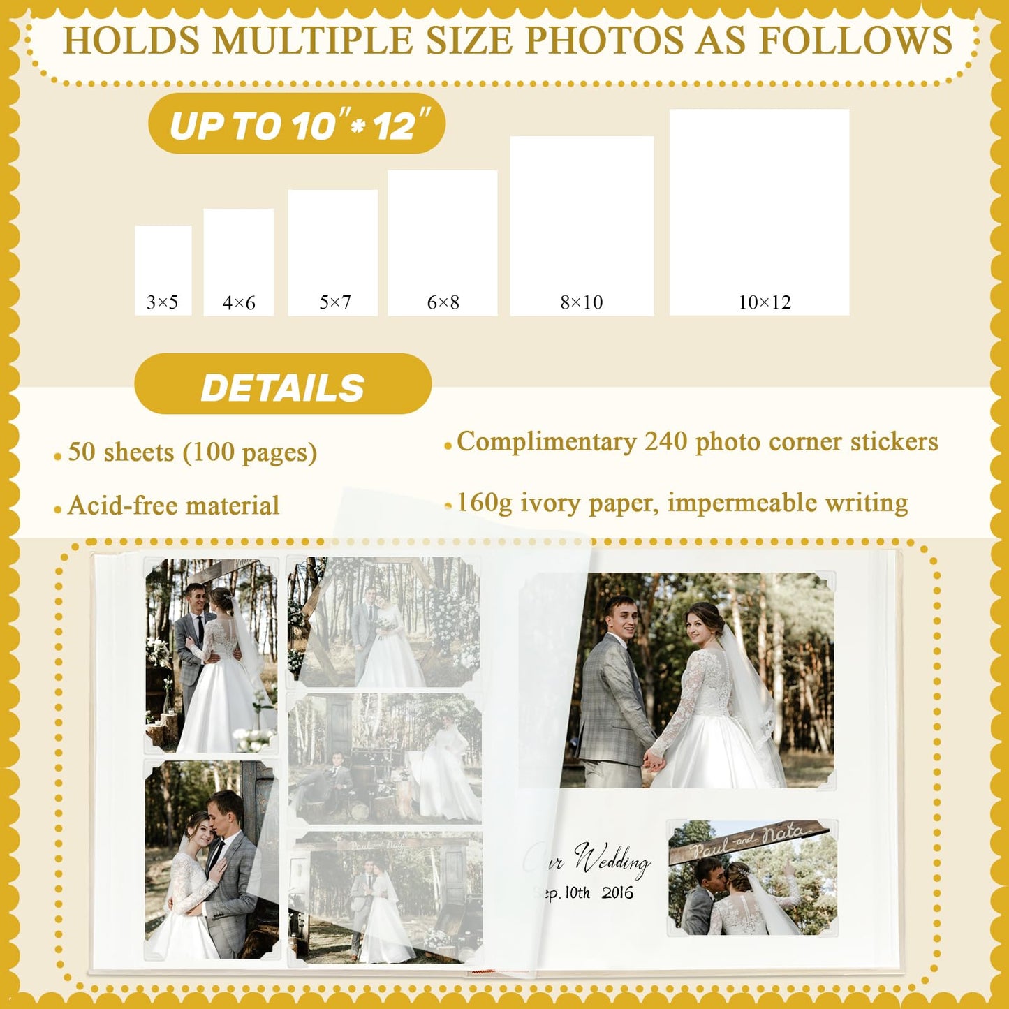 Álbum de fotos grande Rose Scrapbook con espacio para escribir, 100 páginas, álbum de fotos DIY para fotos de 3x5, 4x6, 5x7, 8x10, libro de recuerdos de boda para bebés, familia, viajes, beige