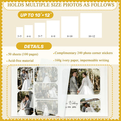 Álbum de fotos grande Rose Scrapbook con espacio para escribir, 100 páginas, álbum de fotos DIY para fotos de 3x5, 4x6, 5x7, 8x10, libro de recuerdos de boda para bebés, familia, viajes, beige