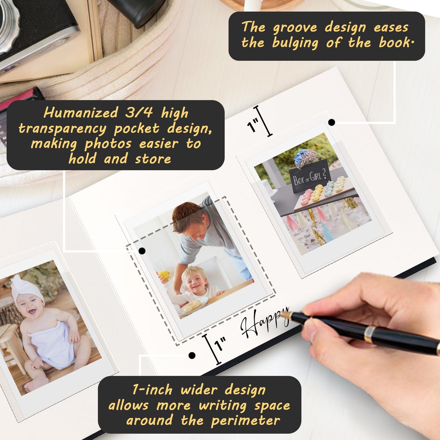 KUWORD | 52 Pockets 3 Inch Instax Mini Photo Album with Writing Space - For Fujifilm, Polaroid, Kpop Cards (Black)