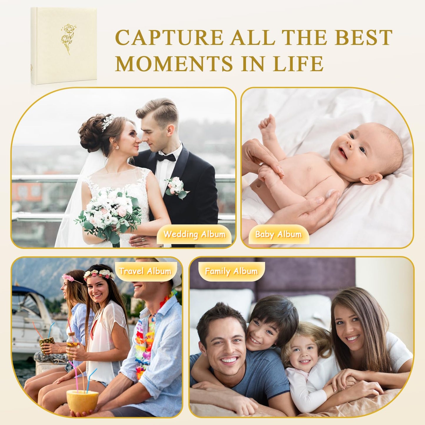 Álbum de fotos grande Rose Scrapbook con espacio para escribir, 100 páginas, álbum de fotos DIY para fotos de 3x5, 4x6, 5x7, 8x10, libro de recuerdos de boda para bebés, familia, viajes, beige