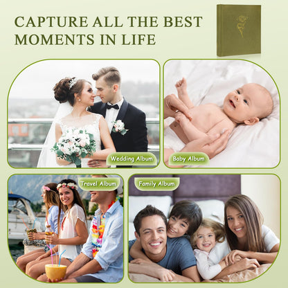Álbum de fotos grande con espacio para escribir, 100 páginas, bricolaje para fotos de 3x5, 4x6, 5x7, 8x10, álbum de recortes de rosas, boda, bebé, libro de recuerdos, familia, viajes, oliva.