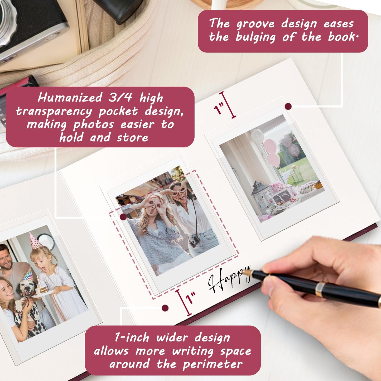 KUWORD | 52 Pockets 3 Inch Instax Mini Photo Album with Writing Space - For Fujifilm, Polaroid, Kpop Cards (Burgundy)