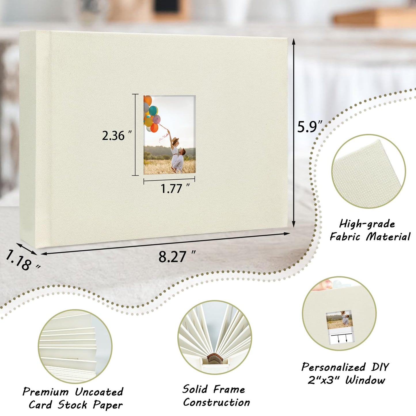 KUWORD | 52 Pockets 3 Inch Instax Mini Photo Album with Writing Space - For Fujifilm, Polaroid, Kpop Cards (Beige)