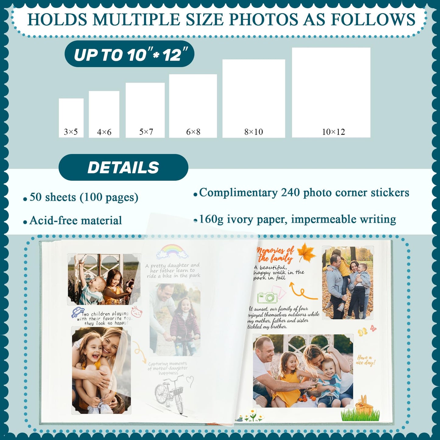 Álbum de fotos grande Rose Scrapbook con espacio para escribir, 100 páginas, álbum de fotos DIY para fotos de 3x5, 4x6, 5x7, 8x10, libro de recuerdos para bodas, bebés, familias, viajes, azul