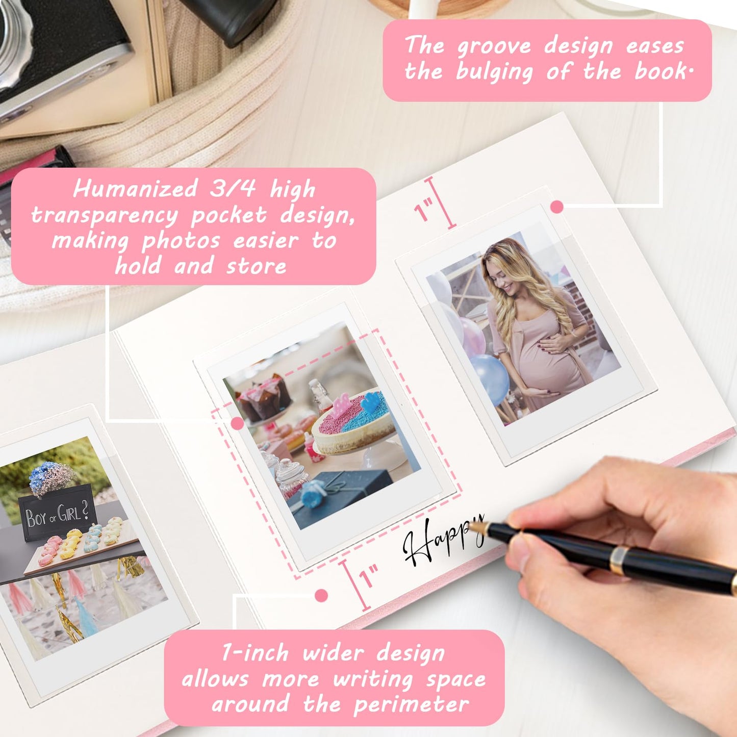 Mini álbum de fotos de tapa dura de 3 pulgadas, 52 bolsillos con espacio de escritura extra ancho para Fujifilm Instax Mini, cámara instantánea Evo Liplay, cámara digital, HP Sprocket, tarjetas fotográficas K-pop (rosa)