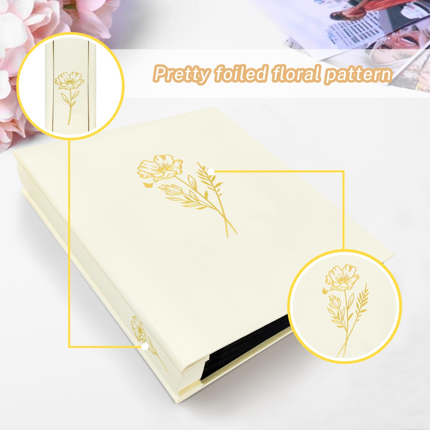 KUWORD | 5x7 Photo Album - Holds 200 Photos, Elegant Linen Fabric Cover with Gold Foil (Beige)