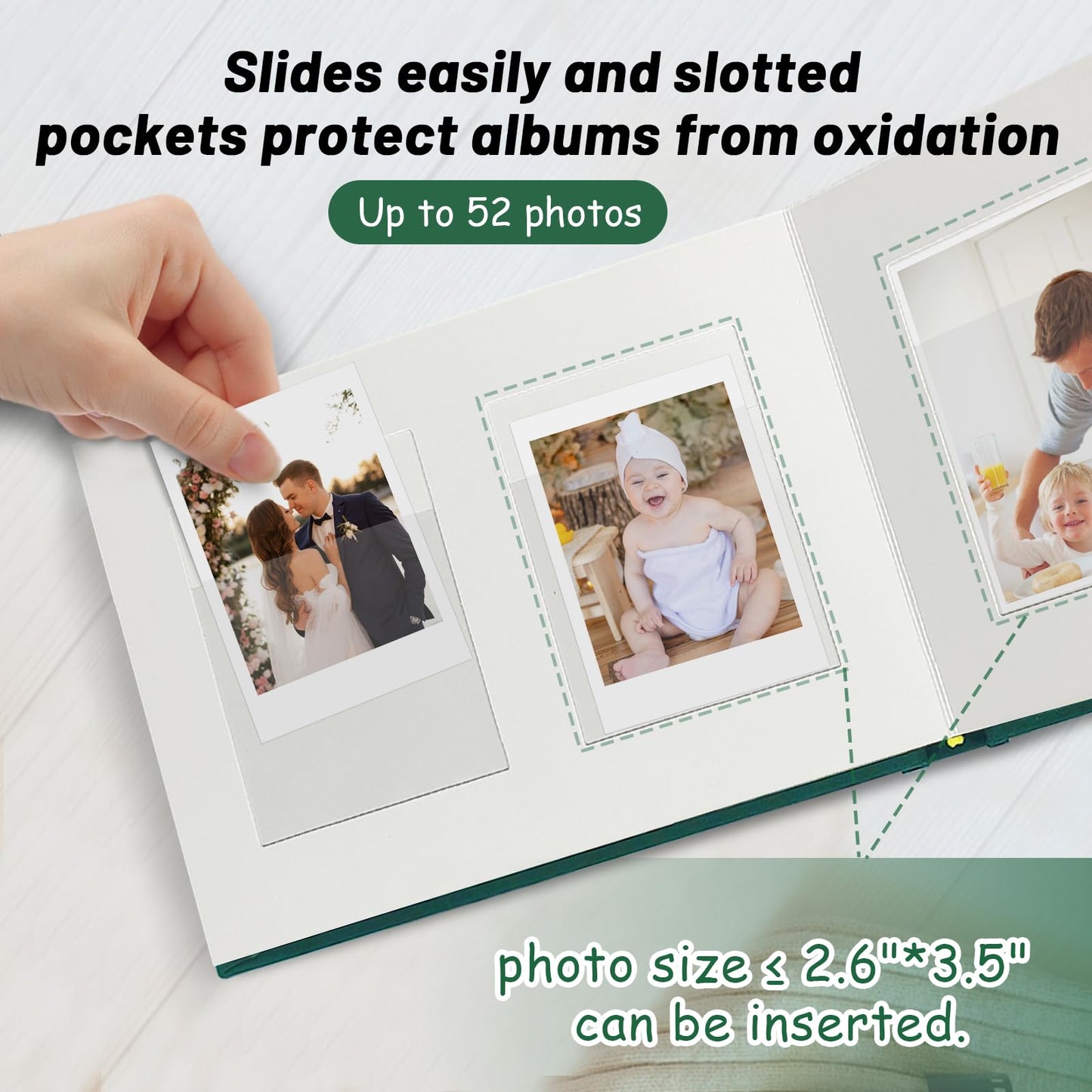 Mini álbum de fotos de tapa dura de 3 pulgadas, 52 bolsillos con espacio extra ancho para escribir para Fujifilm Instax Mini, cámara instantánea Evo Liplay, cámara digital, HP Sprocket, tarjetas fotográficas de K-pop, color oliva