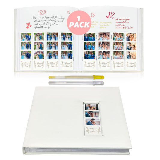 KUWORD | 2x6 Photo Booth Wedding Guest Book - Holds 160 Photos, PU Leather Memory Album with Writing Space (White)