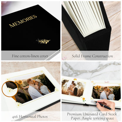 Álbum de fotos pequeño 6x4 para 20 fotos, tapa dura de lino, mini álbum de bolsillo con espacio para notas, 1 foto por página, álbum de fotos portátil para bodas, bebés, viajes, graduaciones, negro