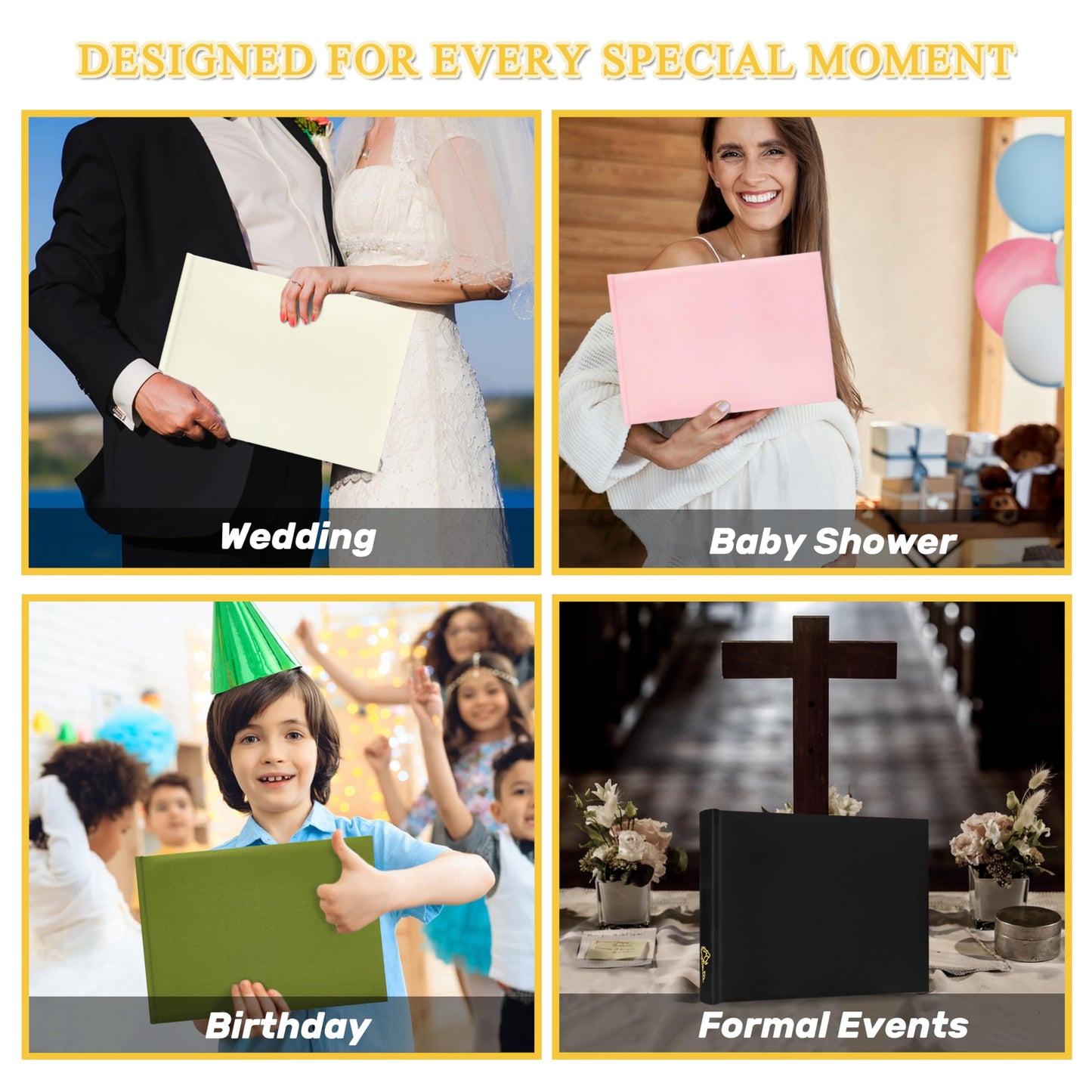 Libro de firmas para bodas, 50 páginas en blanco, libro de visitas Polaroid para firmar en recepciones de bodas, álbum de recortes de lino para recepciones, baby showers, cumpleaños, funerales, eventos especiales, negro