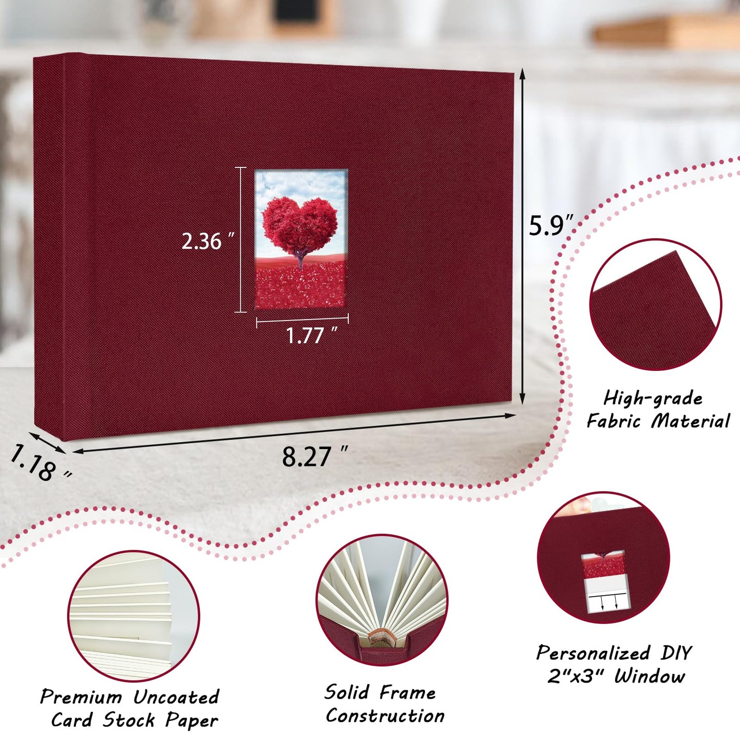 KUWORD | 52 Pockets 3 Inch Instax Mini Photo Album with Writing Space - For Fujifilm, Polaroid, Kpop Cards (Burgundy)
