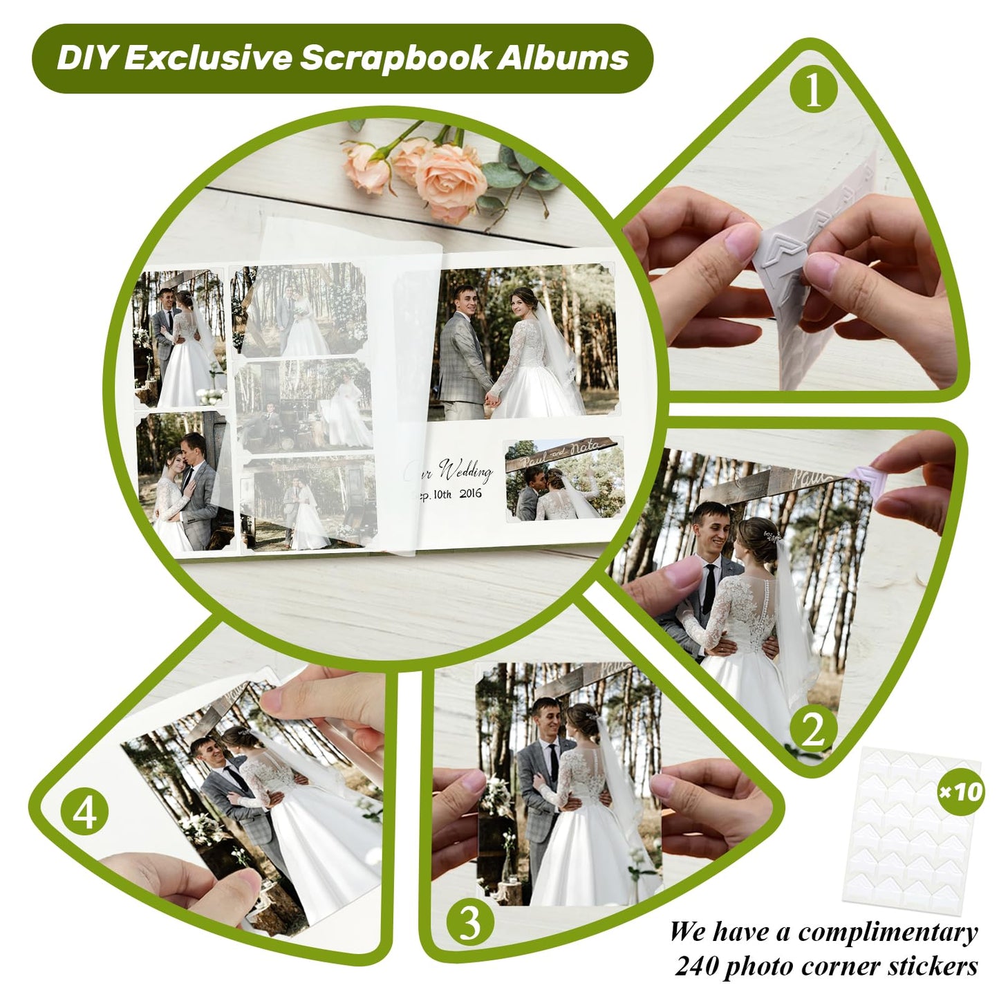 Álbum de fotos grande con espacio para escribir, 100 páginas, bricolaje para fotos de 3x5, 4x6, 5x7, 8x10, álbum de recortes de rosas, boda, bebé, libro de recuerdos, familia, viajes, oliva.