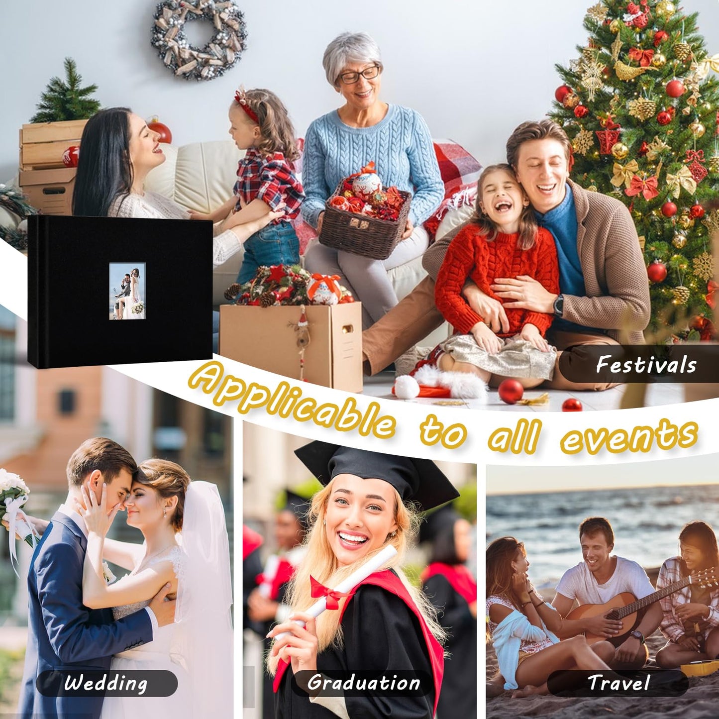 KUWORD | 52 Pockets 3 Inch Instax Mini Photo Album with Writing Space - For Fujifilm, Polaroid, Kpop Cards (Black)