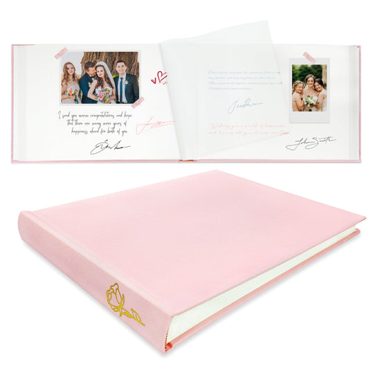 KUWORD | 50 Blank Pages Wedding Guest Book - Linen Hardcover Polaroid Scrapbook for Reception (Pink)