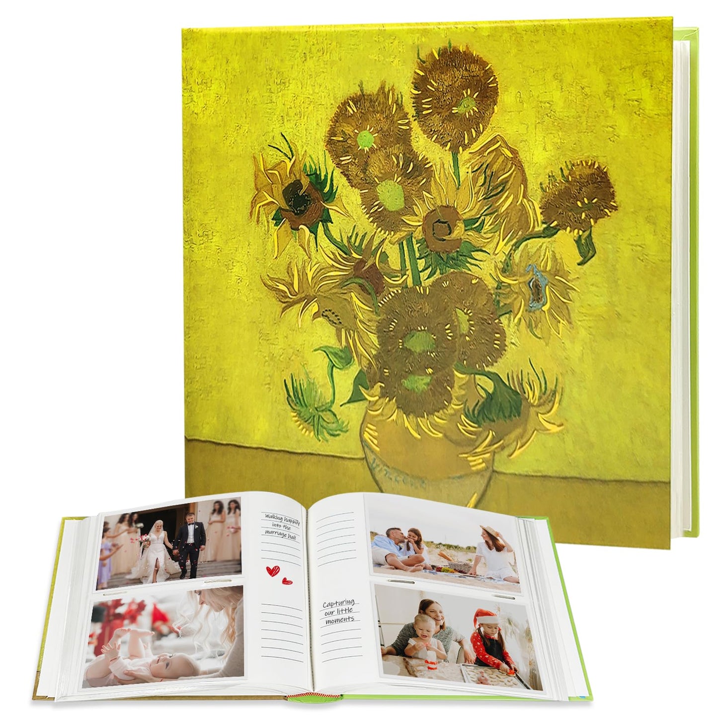 Álbum de fotos de girasoles 4x6 - Inspirado en Van Gogh con 200 bolsillos sin ácido y espacio para escribir, Libro de invitados de boda, Recuerdo floral para aniversario - Kuword