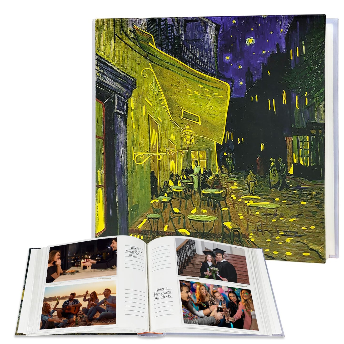 Álbum de fotos Noche estrellada de Van Gogh 4x6 con espacio para escribir 200 bolsillos, Libro de recuerdos de vida lenta para amantes del arte -Kuword