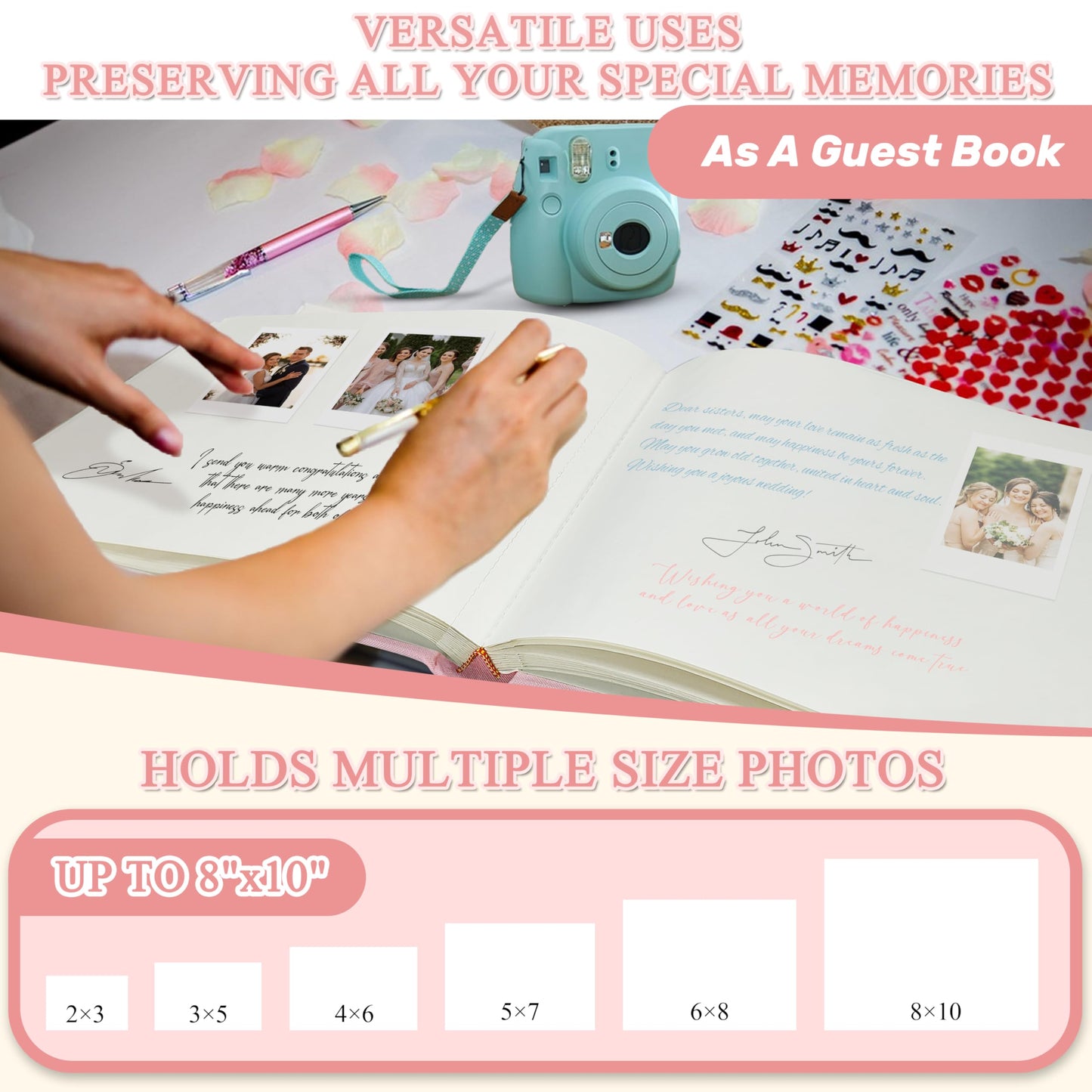 Libro de visitas para bodas, 50 páginas en blanco, libro de visitas Polaroid para firmar en recepciones de bodas, libro de visitas con cubierta de lino para recepciones de fiestas de baby shower, cumpleaños, funerales y eventos especiales, rosa