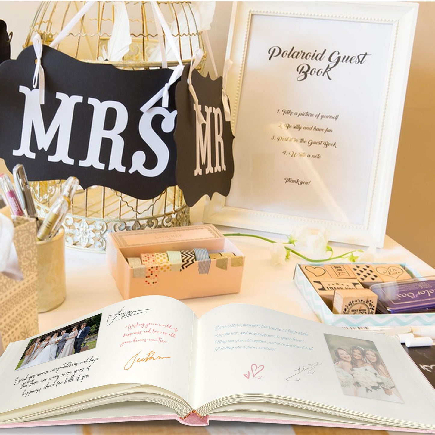 Libro de visitas para bodas, 50 páginas en blanco, libro de visitas Polaroid para firmar en recepciones de bodas, libro de visitas con cubierta de lino para recepciones de fiestas de baby shower, cumpleaños, funerales y eventos especiales, rosa