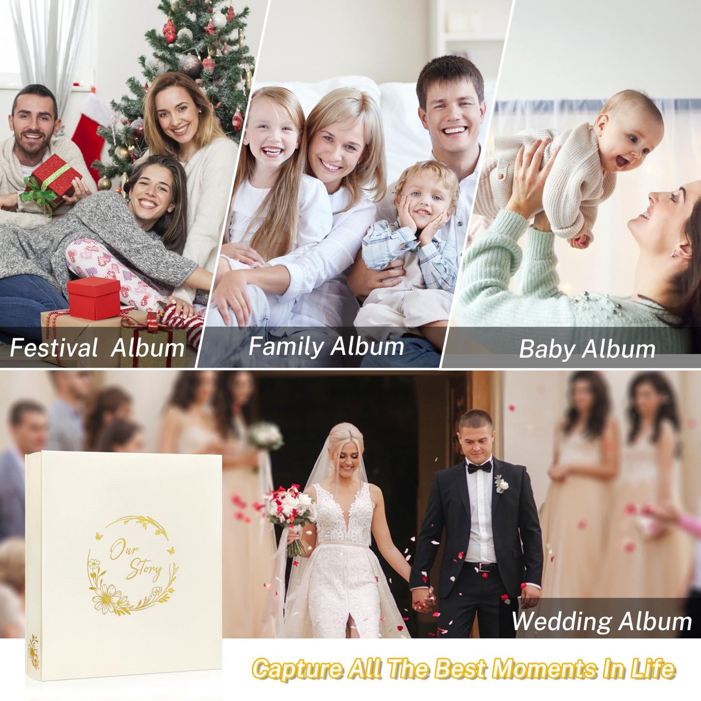 KUWORD | 'Our Story' 4x6 Photo Album - Holds 500 Photos, Linen Cover with Gold Foil Floral (Beige)