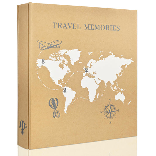 KUWORD | Travel Photo Album 4x6 300 Photos - World Map Kraft Cover, Vacation Memory Book for Road Trips