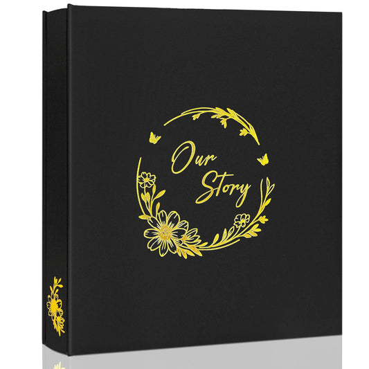 KUWORD | 'Our Story' 4x6 Photo Album - Holds 500 Photos, Linen Cover with Gold Foil Floral (Black)