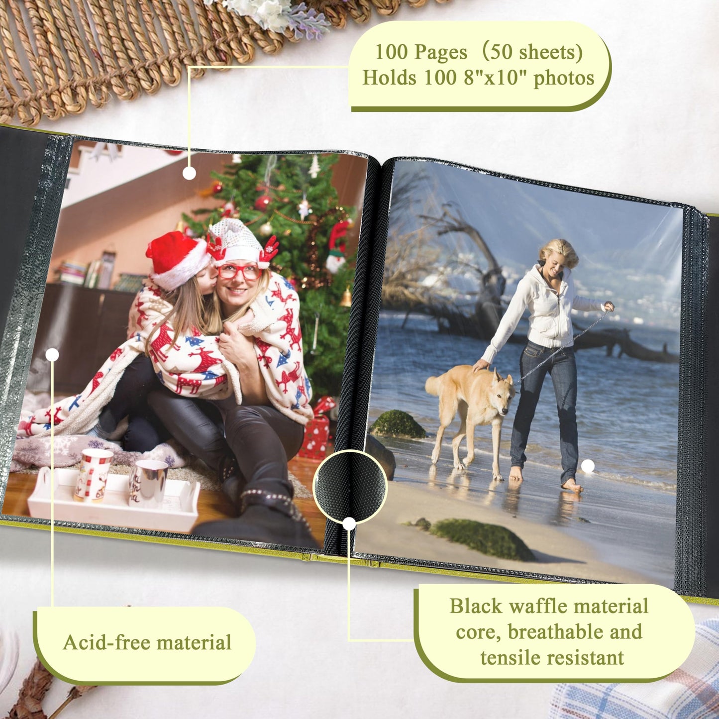 Álbum de fotos de 8x10 con capacidad para 100 fotos, 100 bolsillos, álbum de fotos con excelente cubierta de tela, libro de fotos para fotos de 8x10, álbum de fotos para viajes, bodas, recuerdos familiares, color oliva
