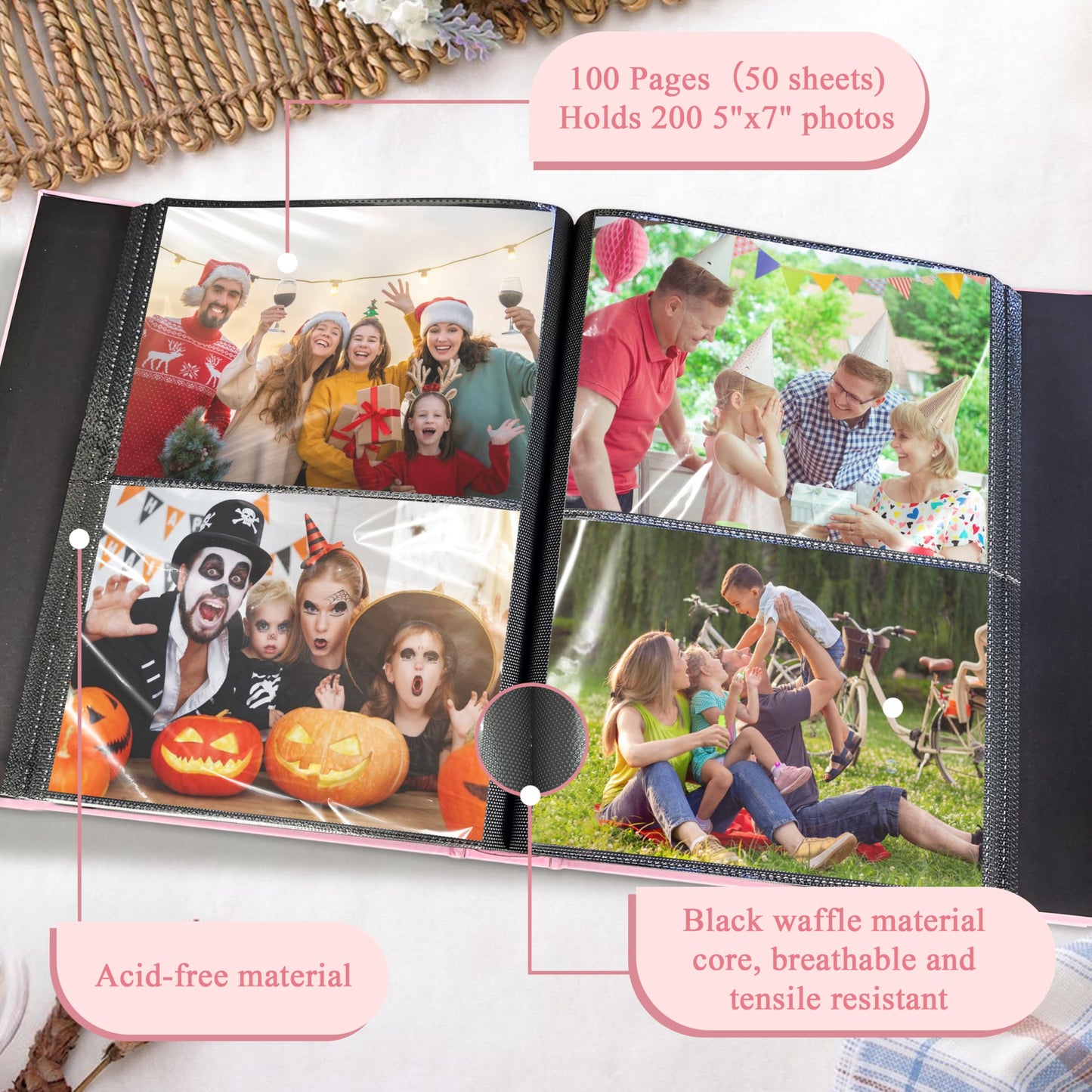 Álbum de fotos de 5x7 para 200 fotos, 2 fotos por página, 100 páginas, excelente libro de fotos de tela para fotos, álbum de fotos rosa de 5x7 para recuerdos de bodas, bebés, familias y mascotas de Kuword