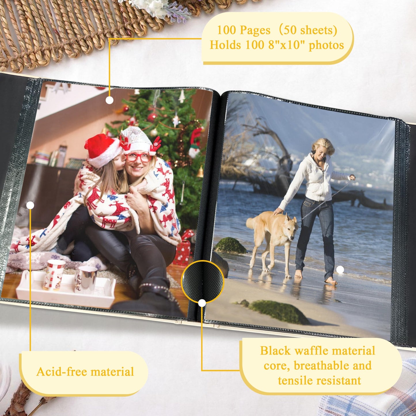 Álbum de fotos de 8x10 con capacidad para 100 fotos, 100 bolsillos, álbum de fotos con excelente cubierta de tela, libro de fotos para fotos de 8x10, álbum de fotos para viajes, bodas, recuerdos familiares, beige