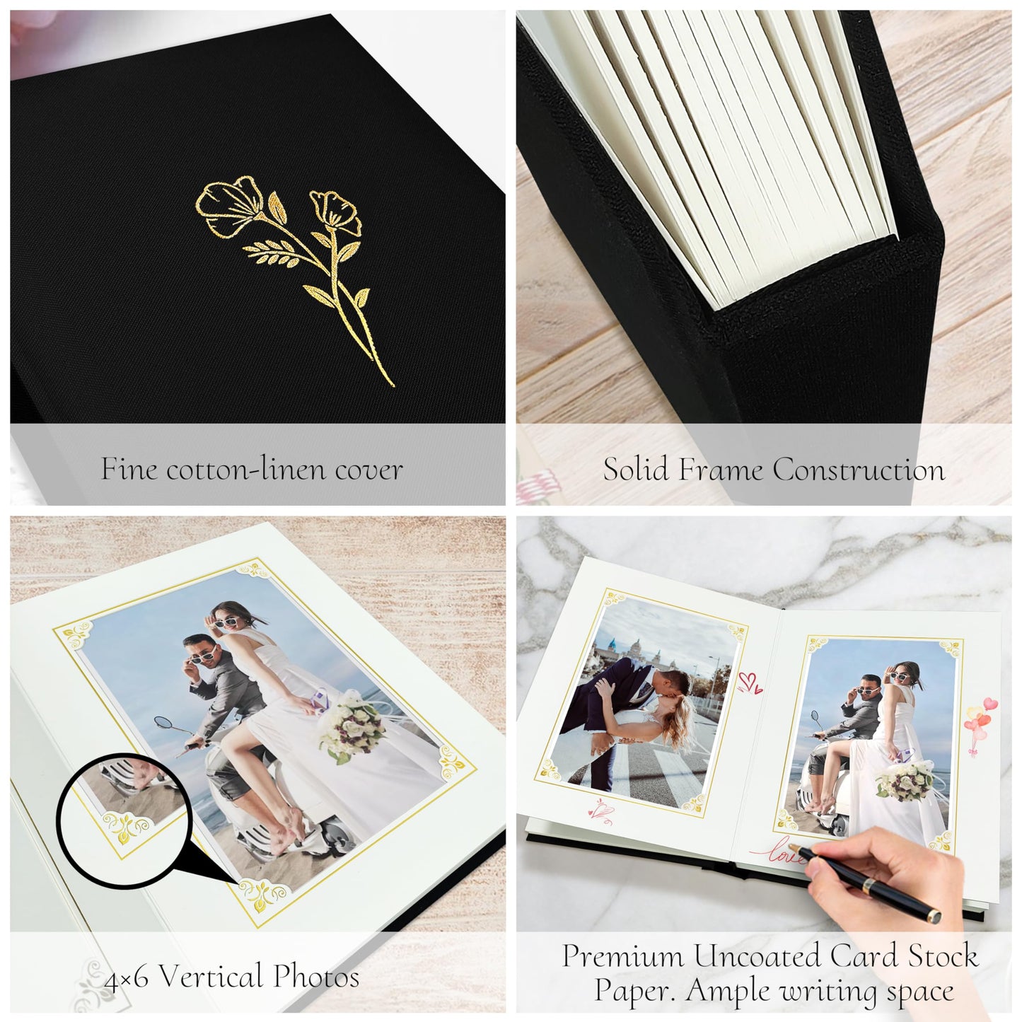 KUWORD | Small Linen Photo Album 4x6 - Holds 20 Photos (Black)