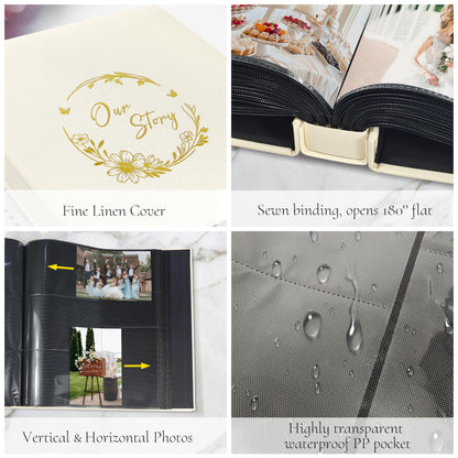KUWORD | 'Our Story' 4x6 Photo Album - Holds 500 Photos, Linen Cover with Gold Foil Floral (Beige)