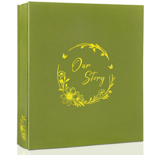 KUWORD | 'Our Story' 4x6 Photo Album - Holds 500 Photos, Linen Cover with Gold Foil Floral (Olive)